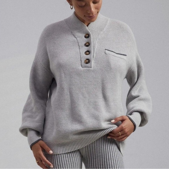 Lunya Cozy Cotton Silk Henley Sweater In Gray Size L/XL - Picture 2 of 10